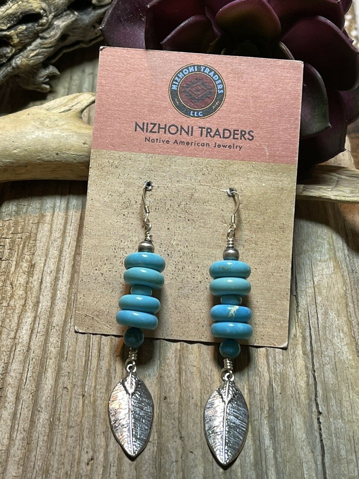 Handcrafted Sterling Silver & Blue Turquoise Leaf Dangle Earrings