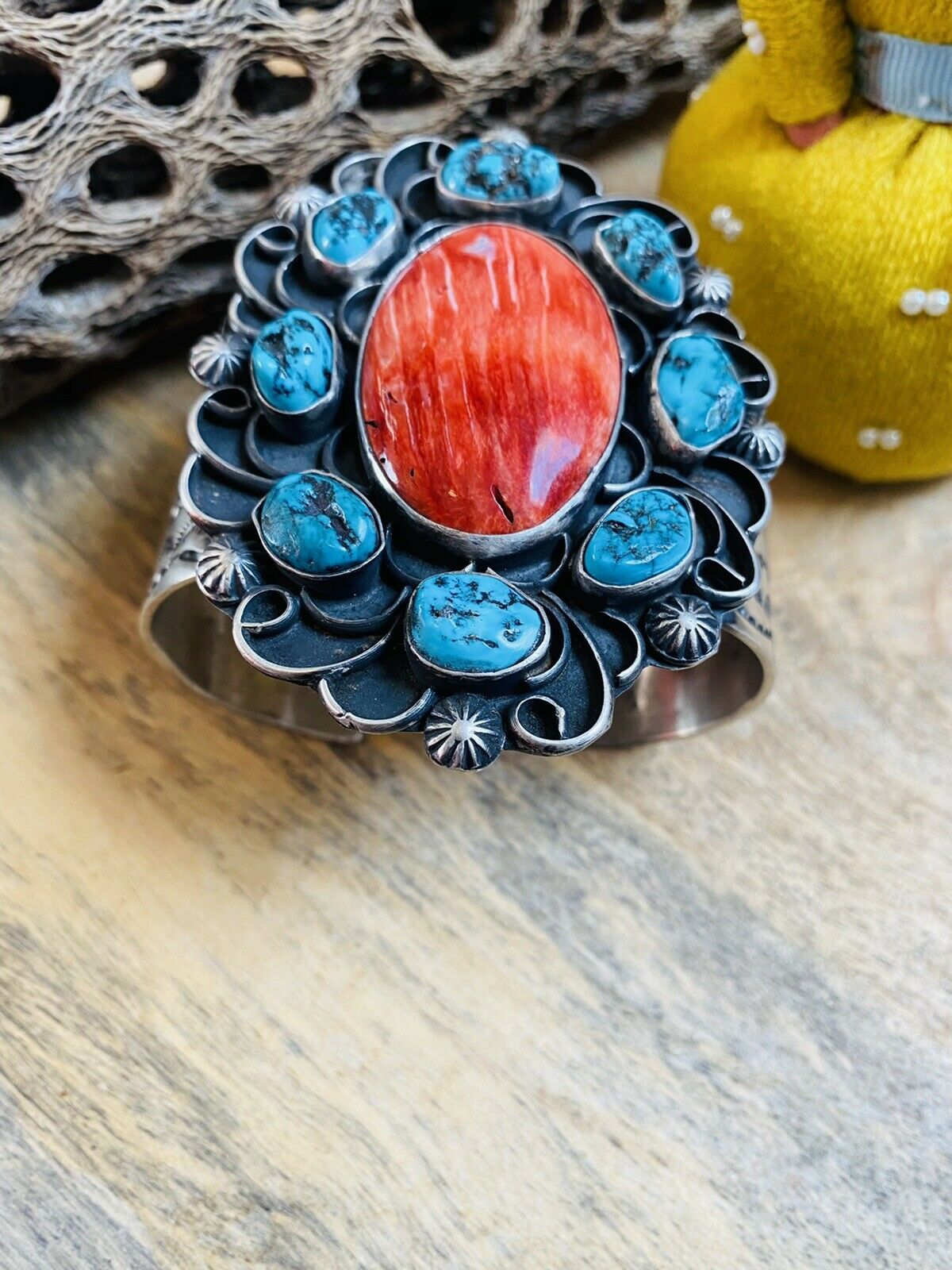 Navajo Turquoise, Orange Spiny & Sterling Silver Cuff Bracelet Signed /