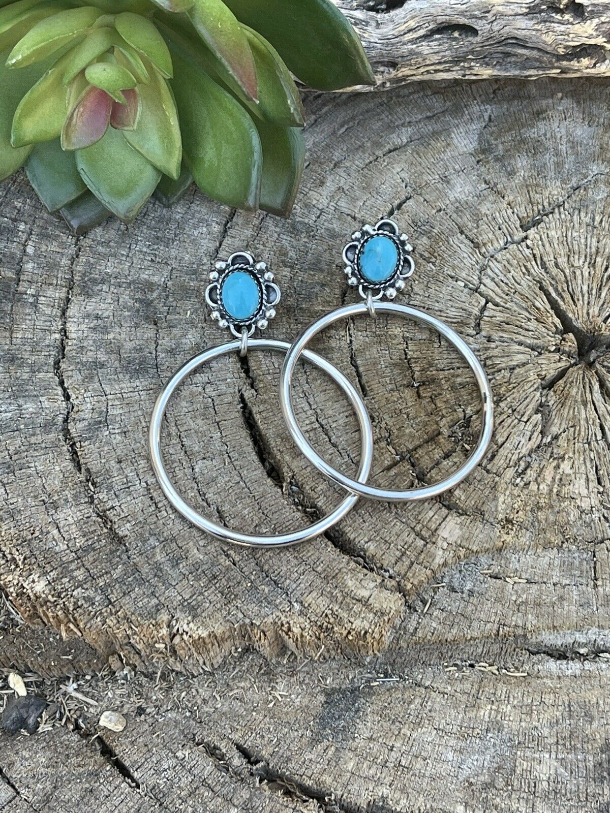 Handcrafted Turquoise & Sterling Silver Dangle Hoop Earrings