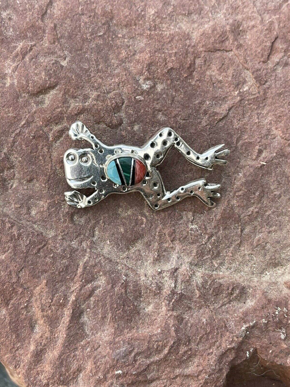 Handcrafted Sterling Silver Multi Stone Leap Frog Pendant Pin Signed