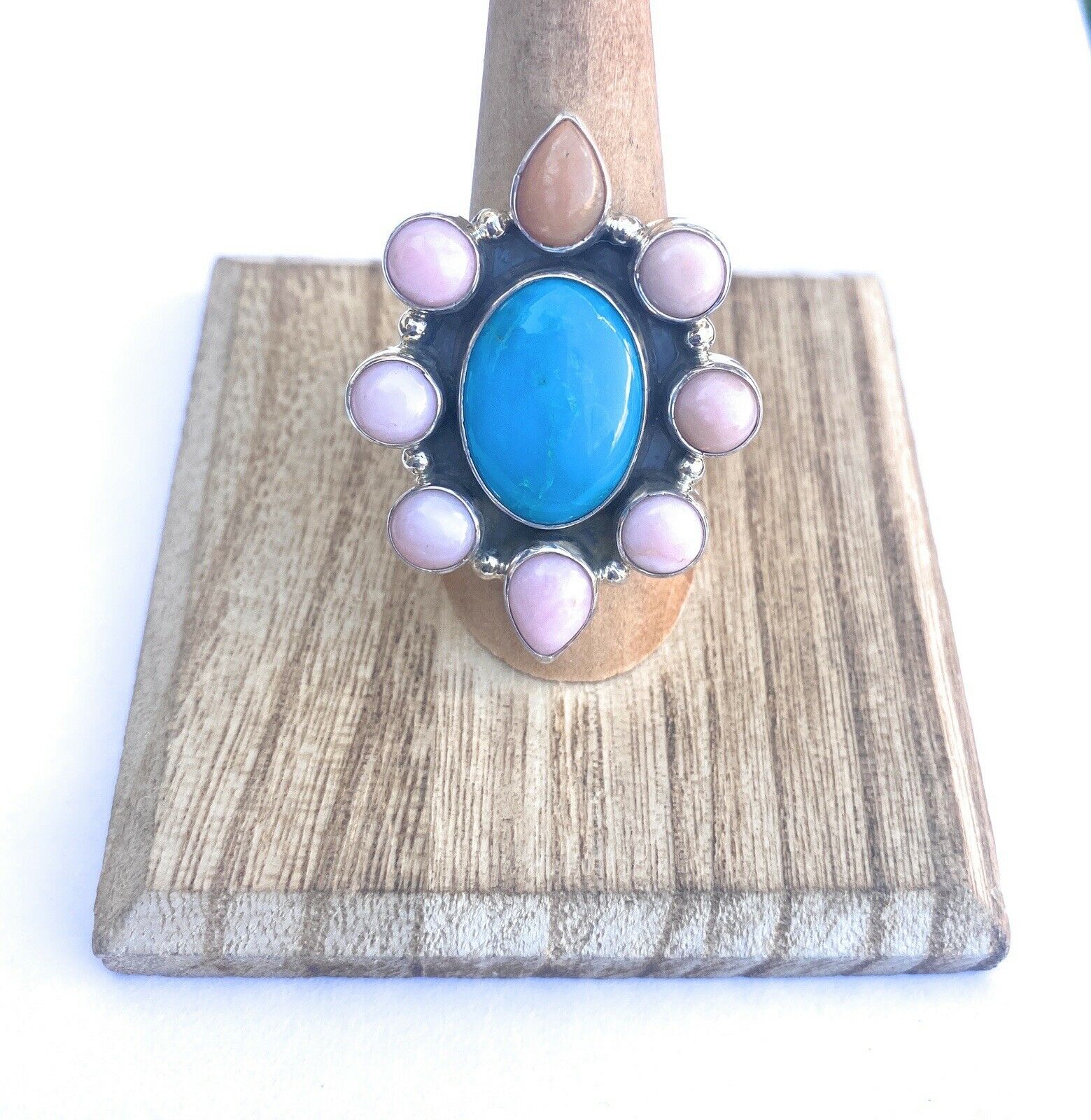 Handcrafted Rhodochrosite, Turquoise & Sterling Silver Cluster Ring Size 8.5