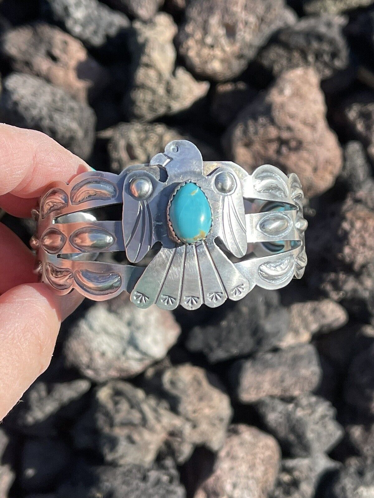 Sterling Silver Handcrafted Stamped Turquoise Thunderbird Cuff
