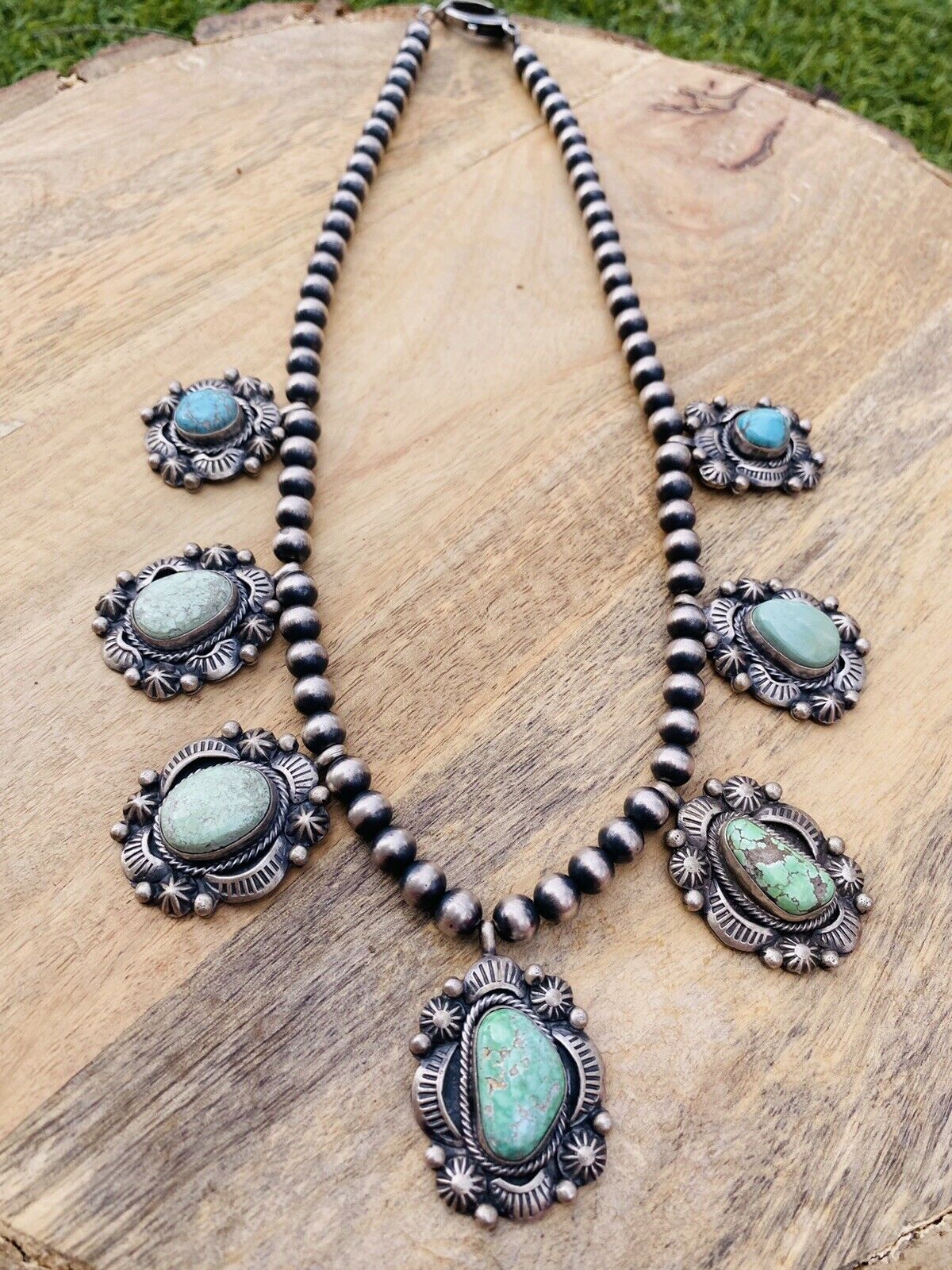 Handcrafted Carico Lake Turquoise & Sterling Silver Necklace Signed