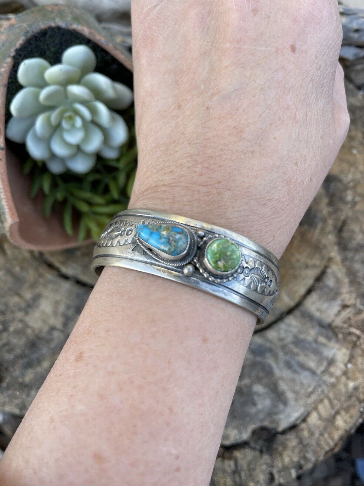 Handcrafted Sterling Silver Sonoran Gold & Golden Hills Turquoise 2 Stone Cuff Bracelet /