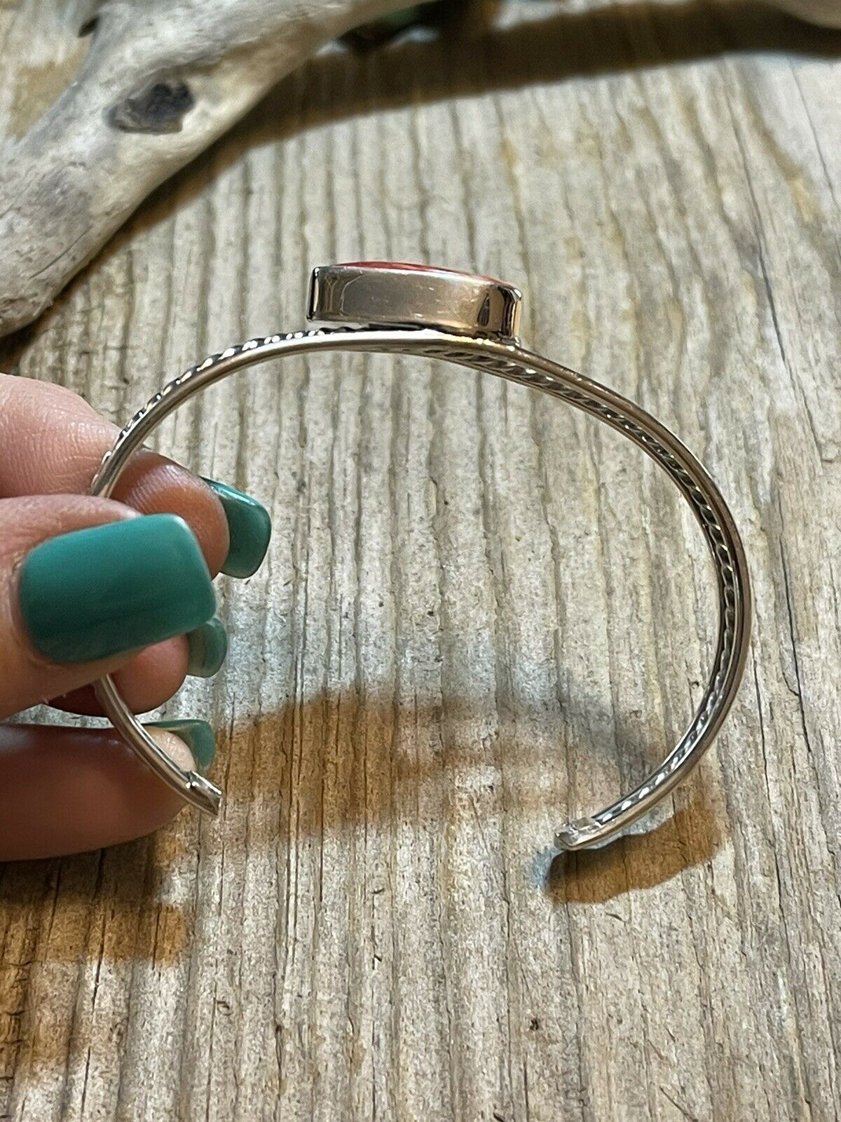 Handcrafted Teardrop Orange Spiny Sterling Silver Bracelet Rope Style Cuff