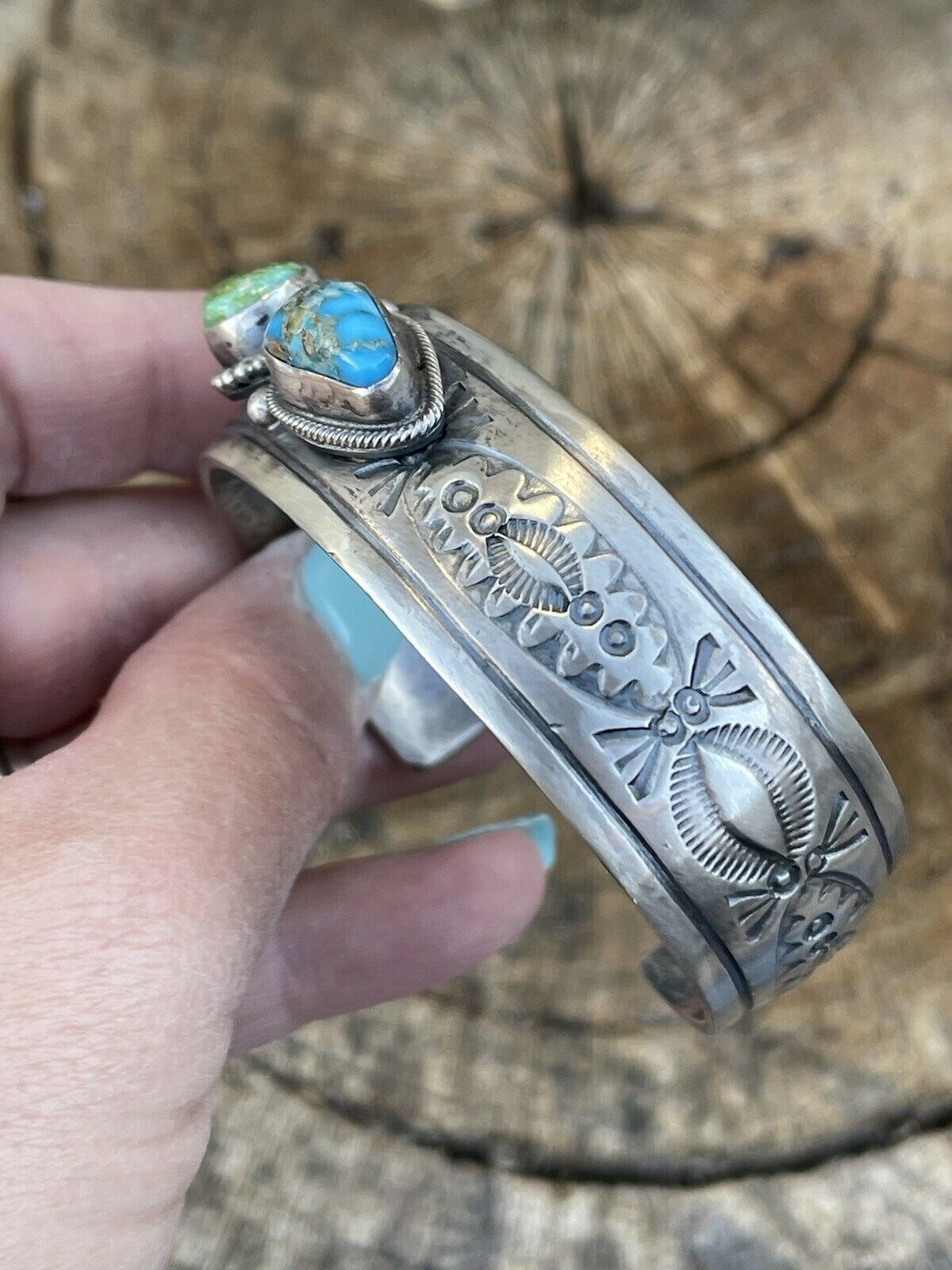 Handcrafted Sterling Silver Sonoran Gold & Golden Hills Turquoise 2 Stone Cuff Bracelet /