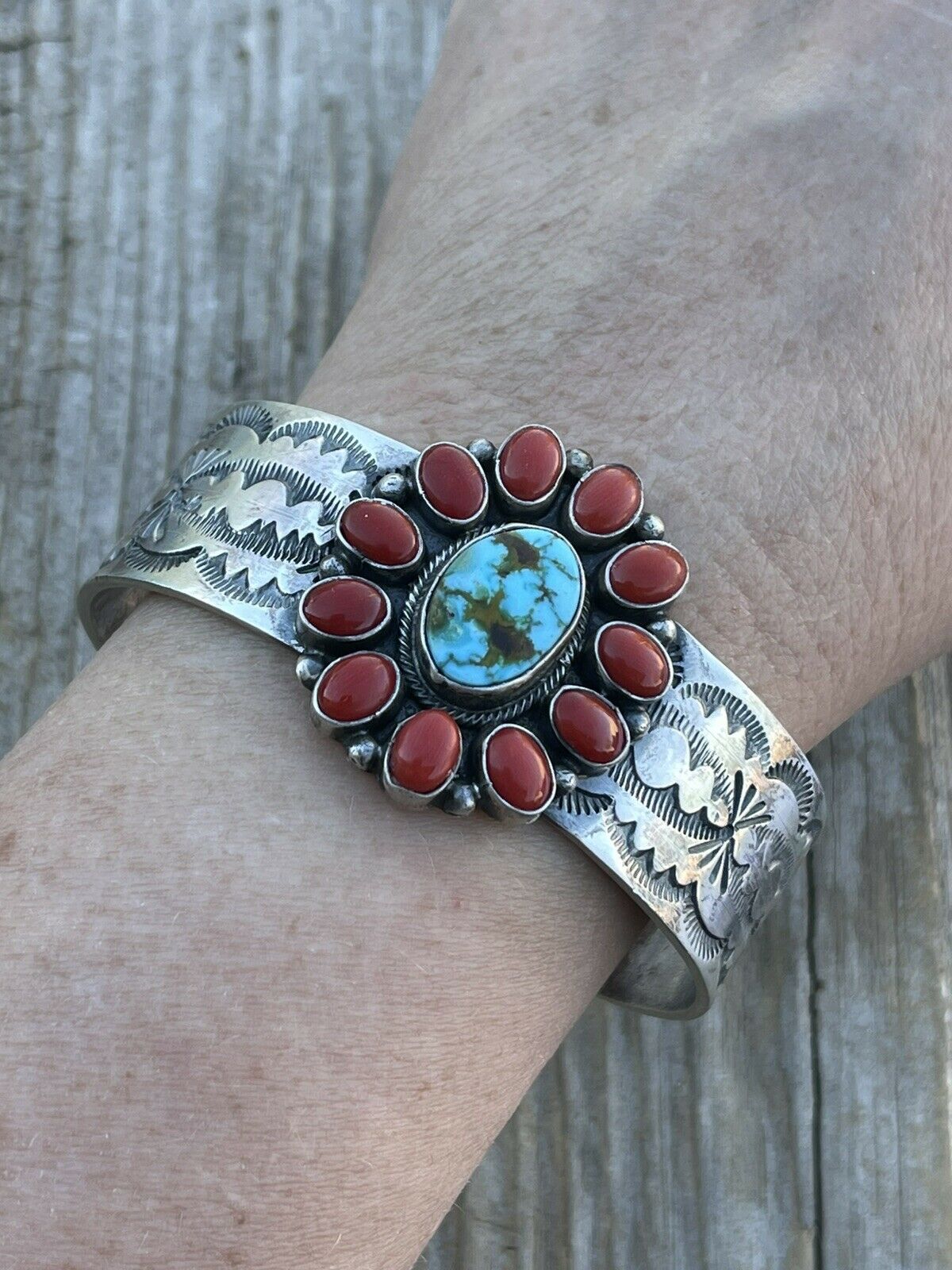 Handcrafted Sterling Kingman Web Turquoise & Red Coral Taos Bracelet Cuff by Bobby Johnson /