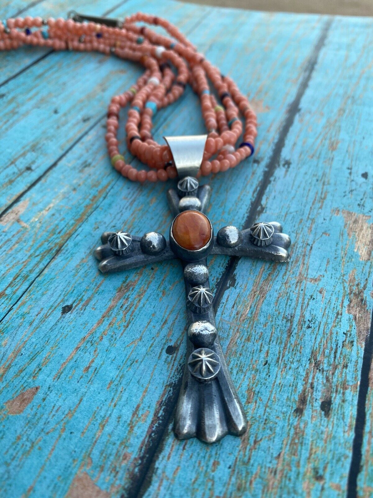 Navajo Sterling Silver & Orange Spiny Shell Cross Pendant Chimney Butte