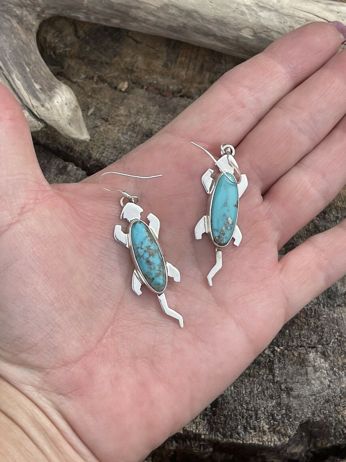 Handcrafted Sterling Silver Turquoise Stone Gecko Dangle Earrings Signed
