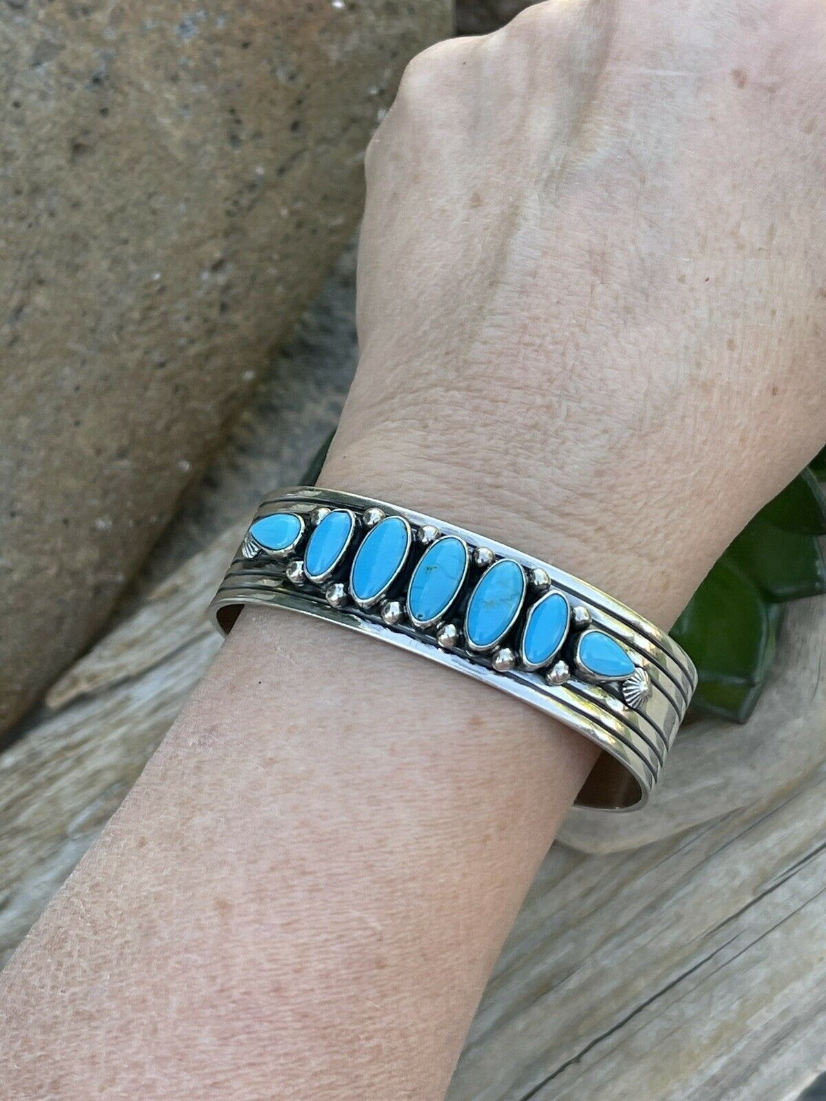 Handcrafted Sterling & Kingman Turquoise Stacker Cuff Bracelet Artist R. Bennett /