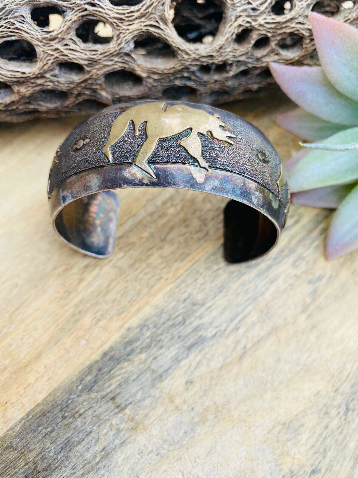 Handcrafted Vintage Sterling Silver & Copper Bear Cuff Bracelet Signed