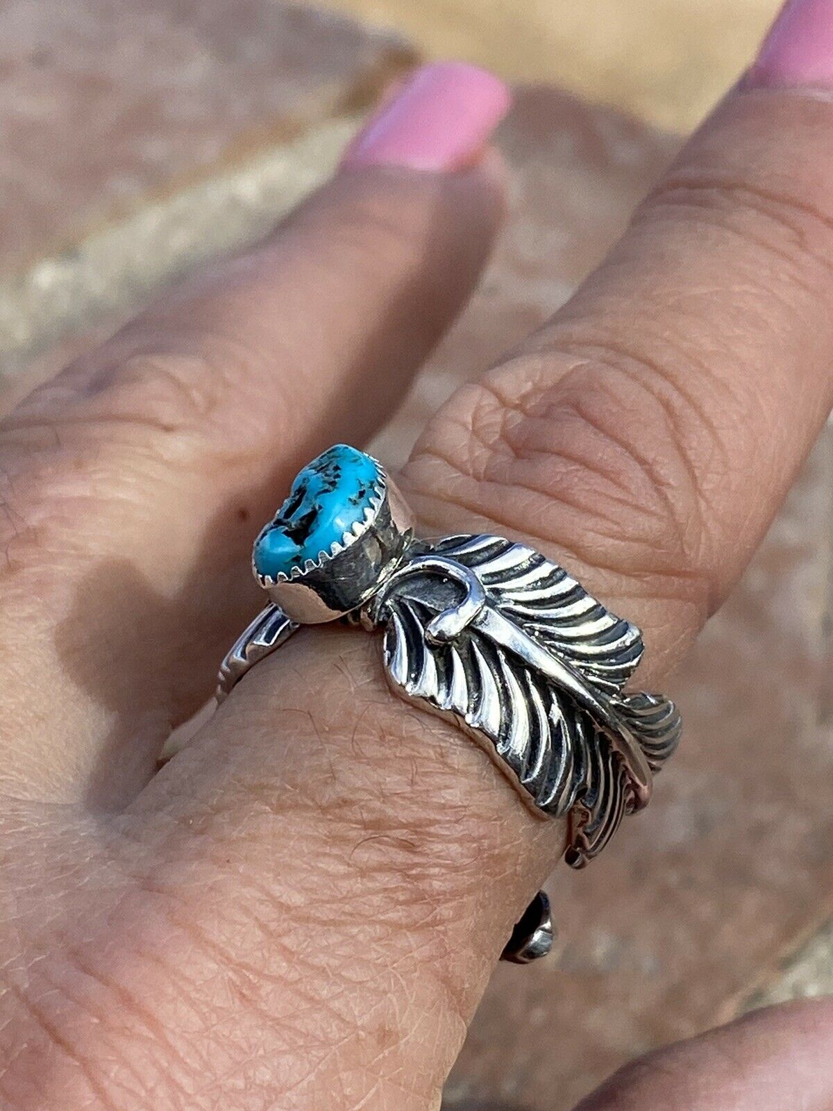 Handcrafted Feather Turquoise And Sterling Silver Adjustable Ring