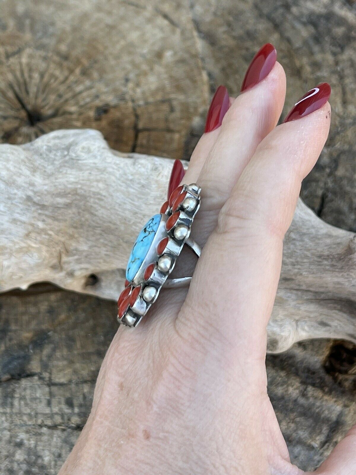 Handcrafted Sterling Silver Kingman Web Turquoise & Red Coral Taos Ring Sz 7.5