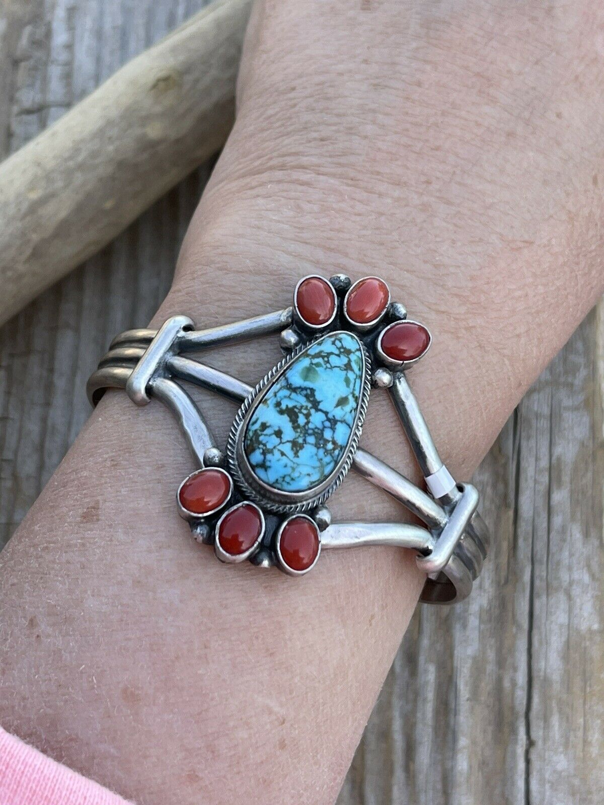 Navajo Sterling Kingman Web Turquoise & Red Coral Taos Bracelet Cuff by Bobby Johnson /