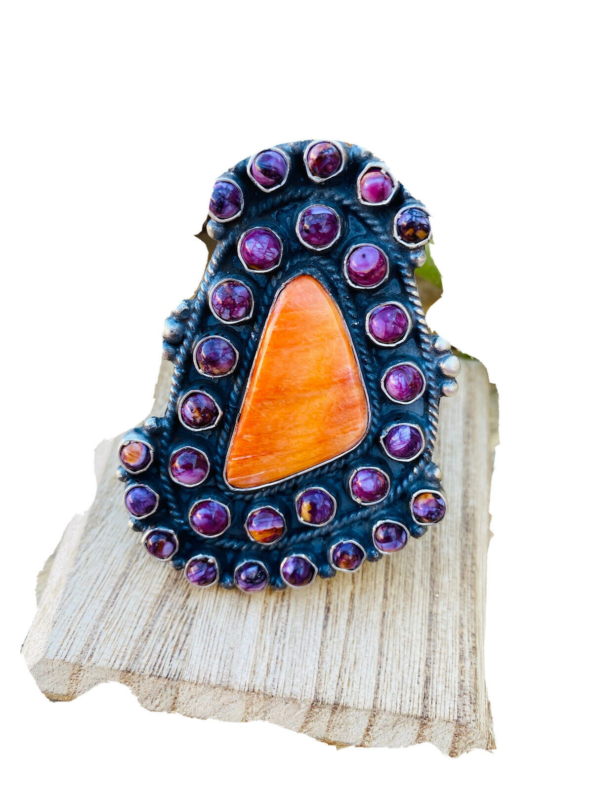 Handcrafted Sterling Silver & Purple & Orange Spiny Cluster Ring Size 7.5