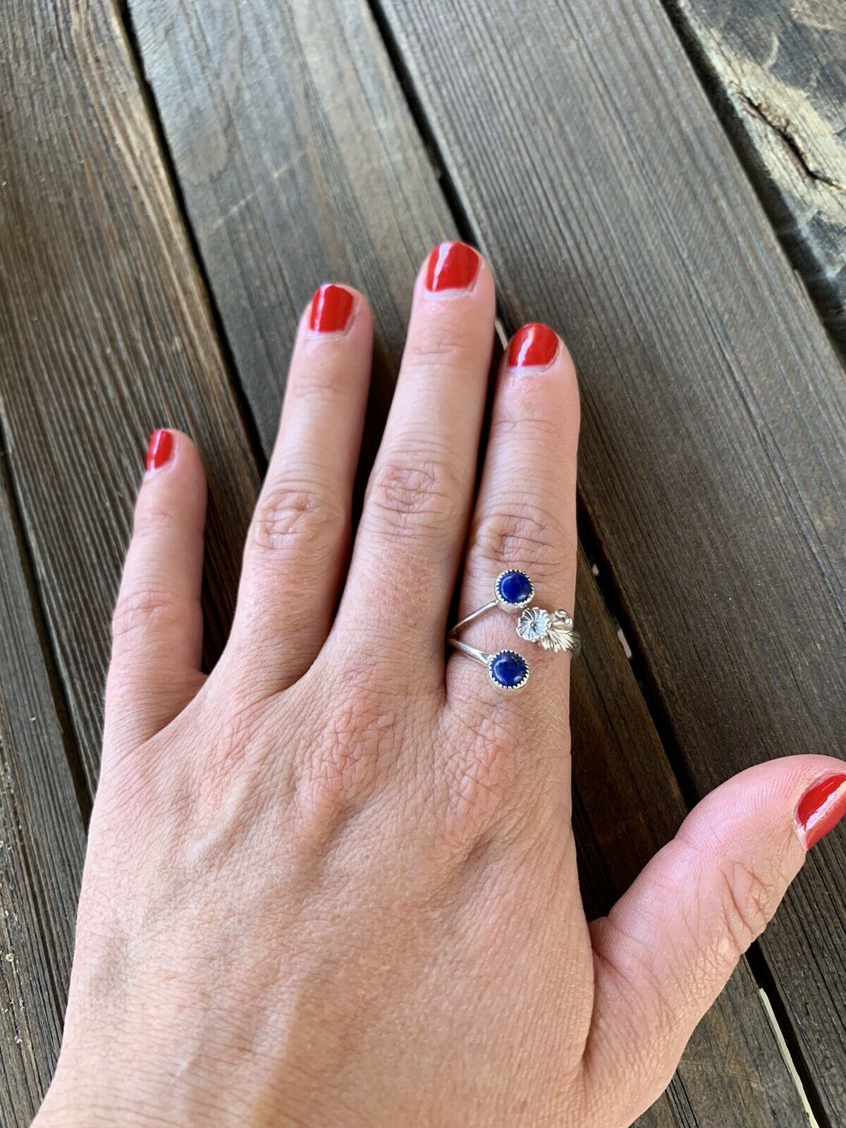 Handcrafted Lapis Sterling Silver Adjustable Flower Ring
