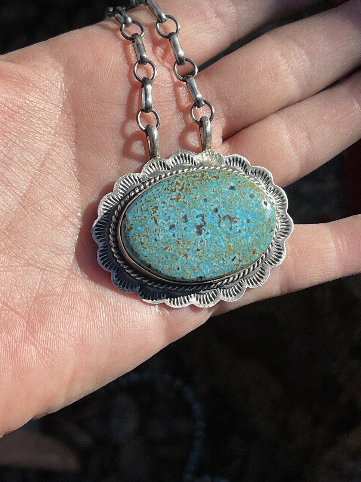 Handcrafted Sterling Silver & Royston Turquoise Stone Southwest Necklace Signed