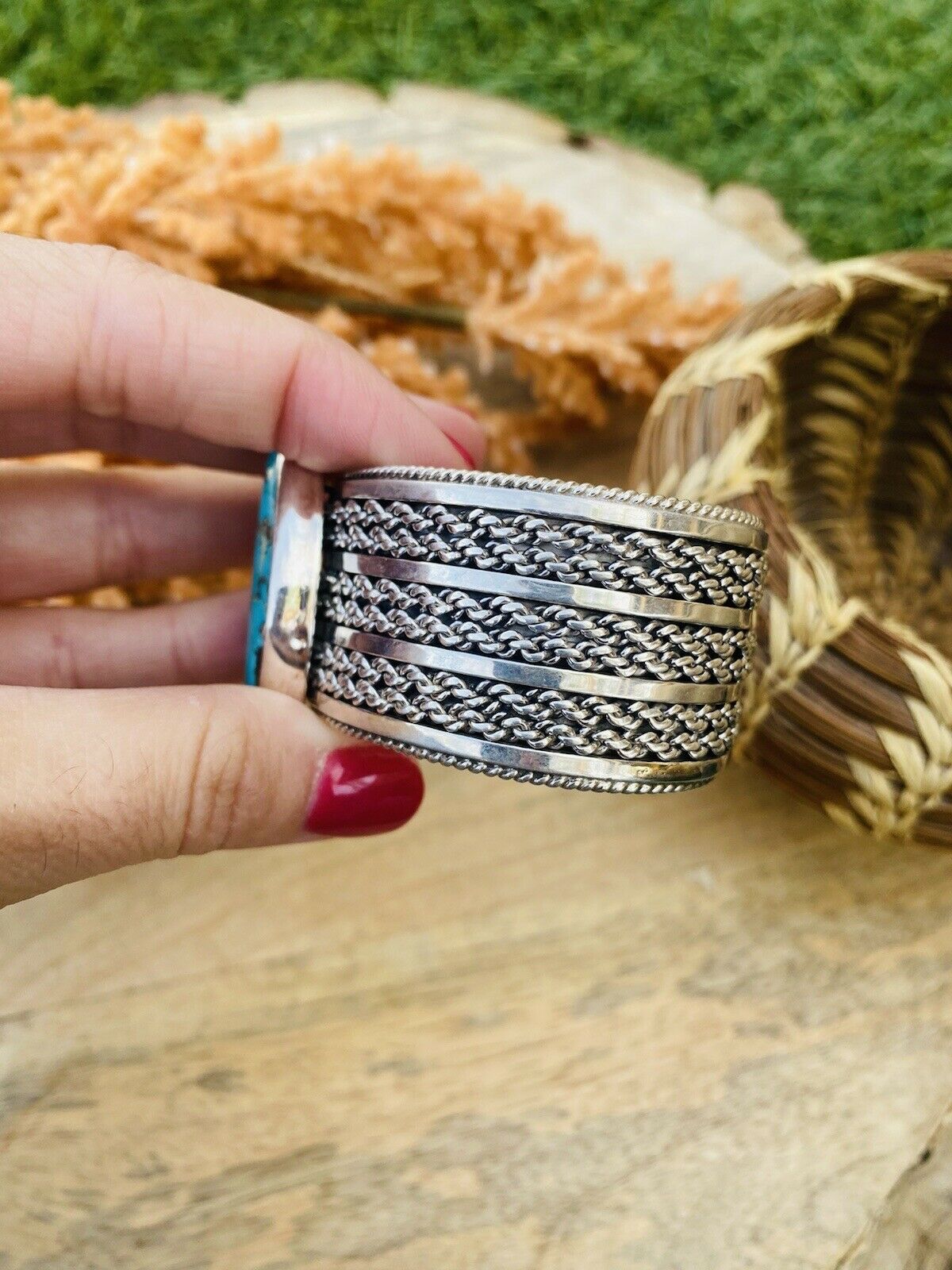 Handcrafted & Hand Stamped Sterling Silver & Royston Turquoise Cuff Bracelet Signed