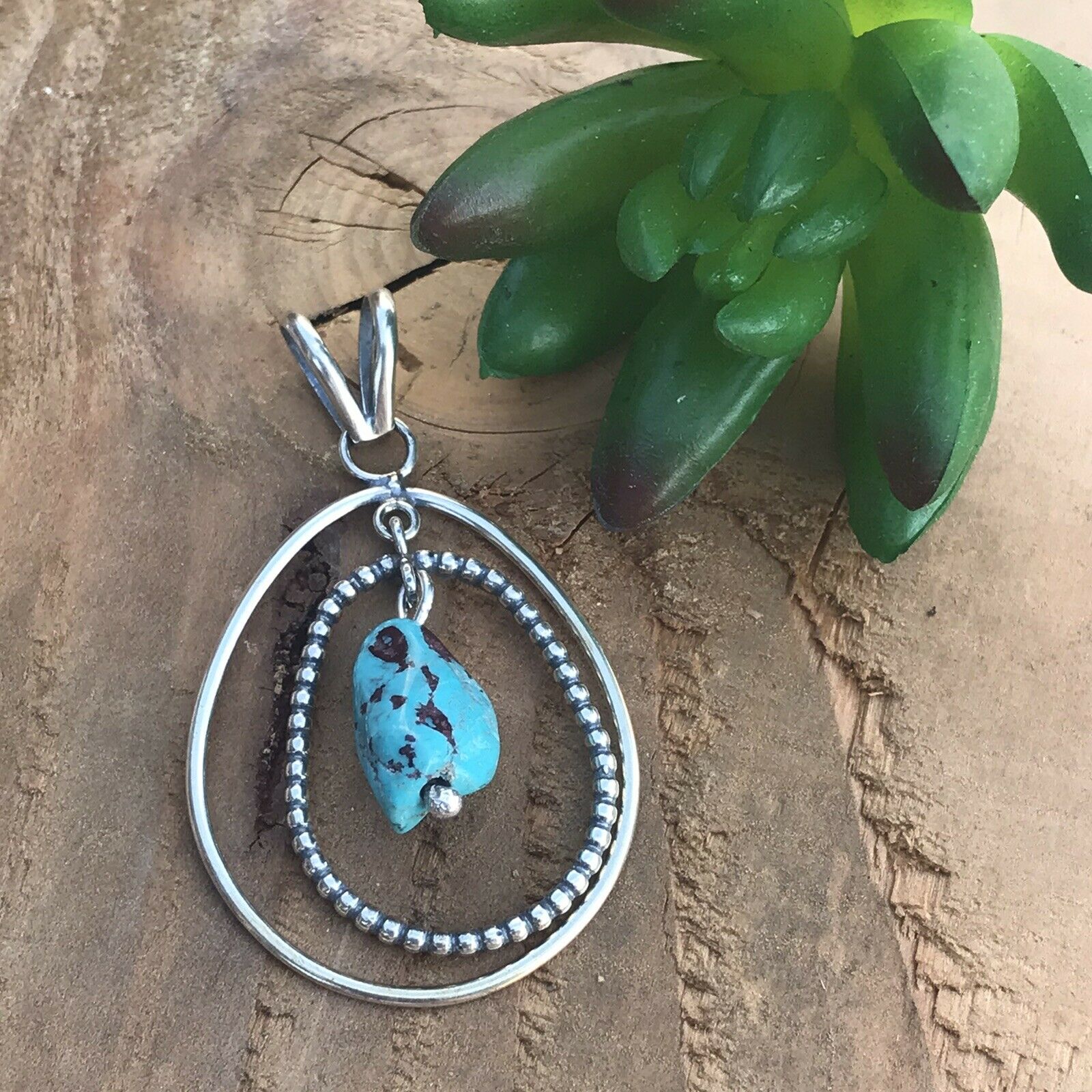 Handcrafted Sterling Silver & Turquoise Rope Style Pendant