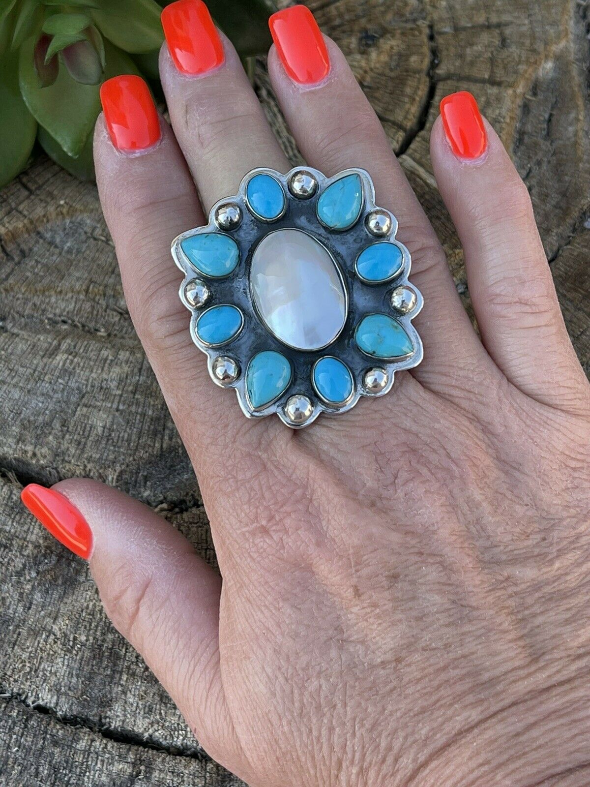 Handcrafted Cluster Turquoise & Mother Of Pearl Sterling Silver Ring Sz Is Adjustable
