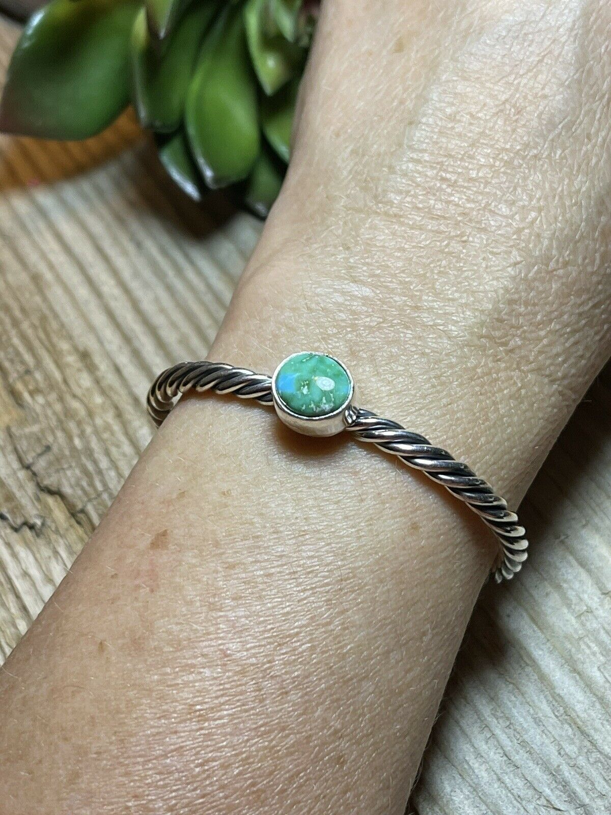 Handcrafted Sterling Silver Rope Twist Natural Turquoise Cuff Bracelet