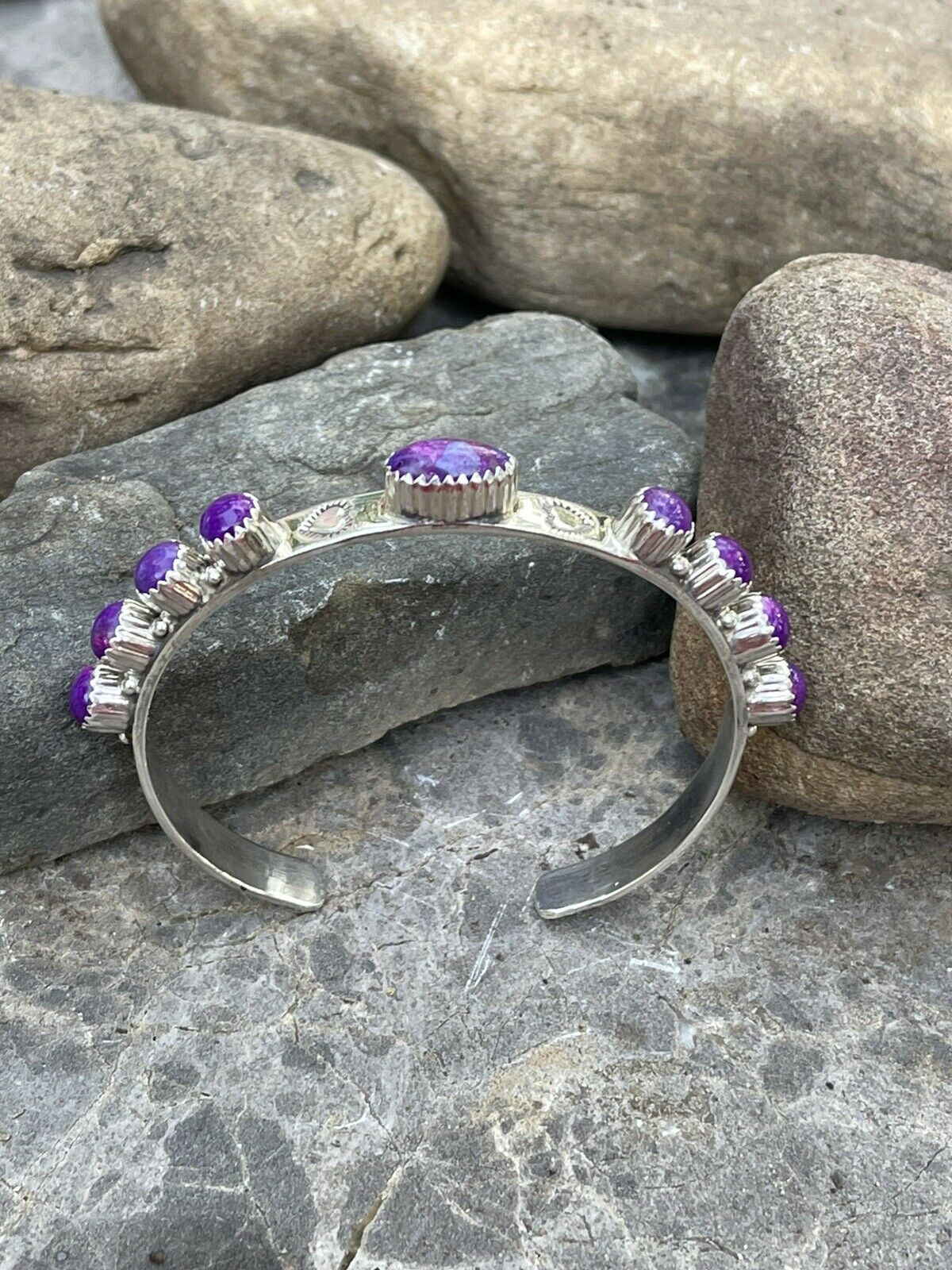 Handcrafted Purple Spiny Sterling Silver Heart Cuff Bracelet Stamped G. Boyd