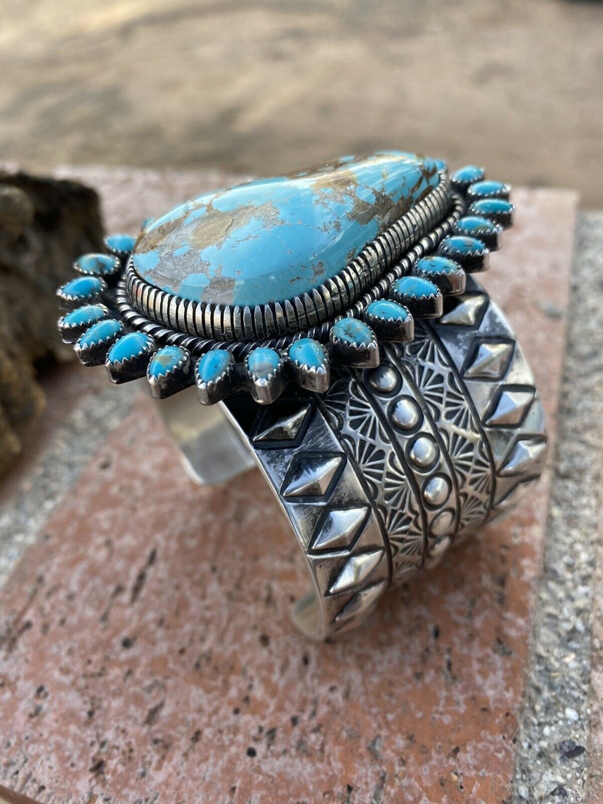 Sterling Silver & Royston Turquoise Cuff Bracelet Signed /