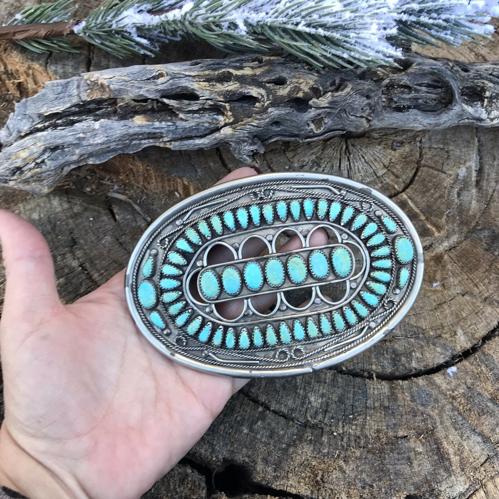 Handcrafted Vintage Jumbo Sterling Silver & Royston Turquoise Pin / Pendant