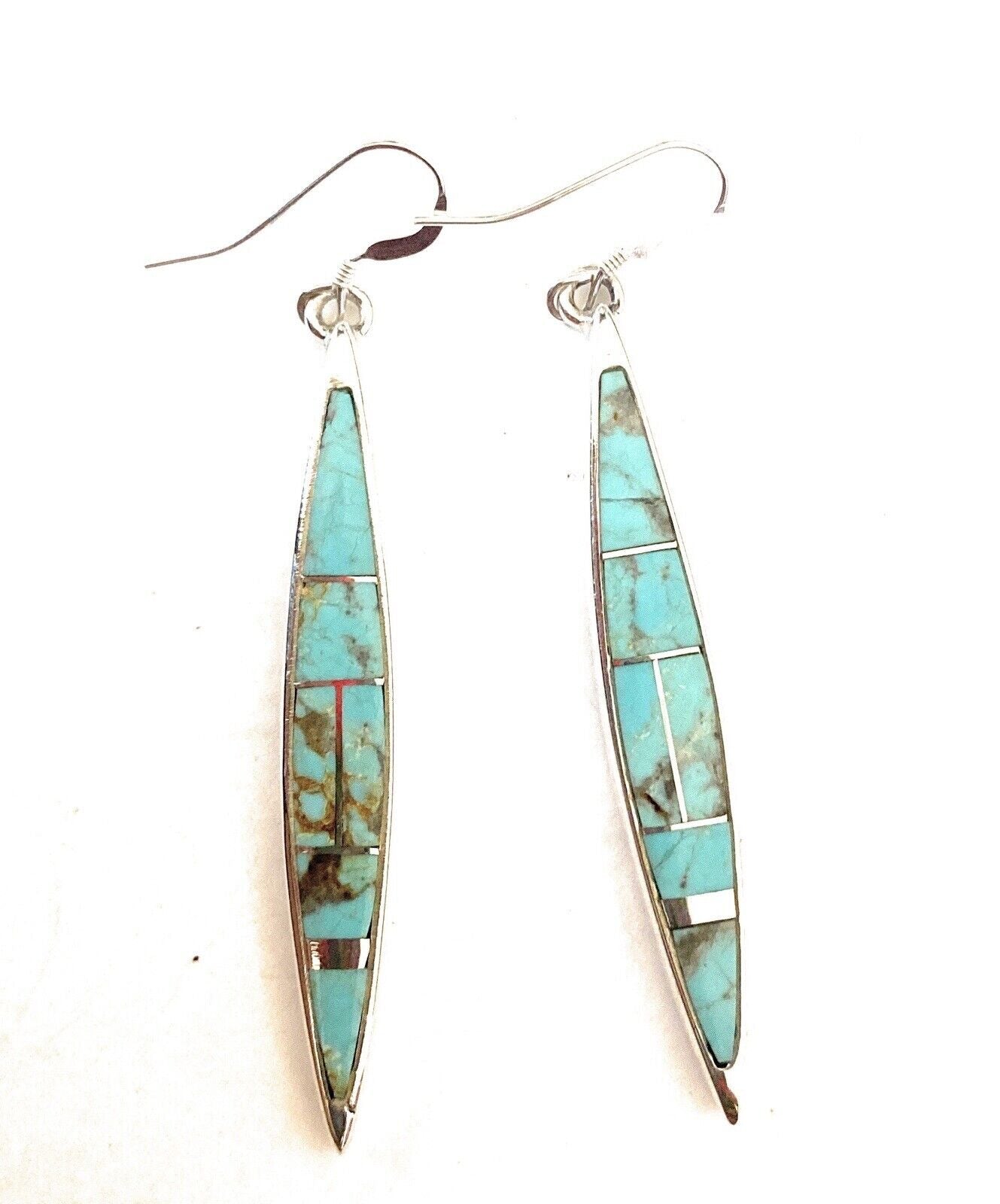 Handcrafted Number 8 Turquoise And Sterling Silver Inlay Dangle Earrings