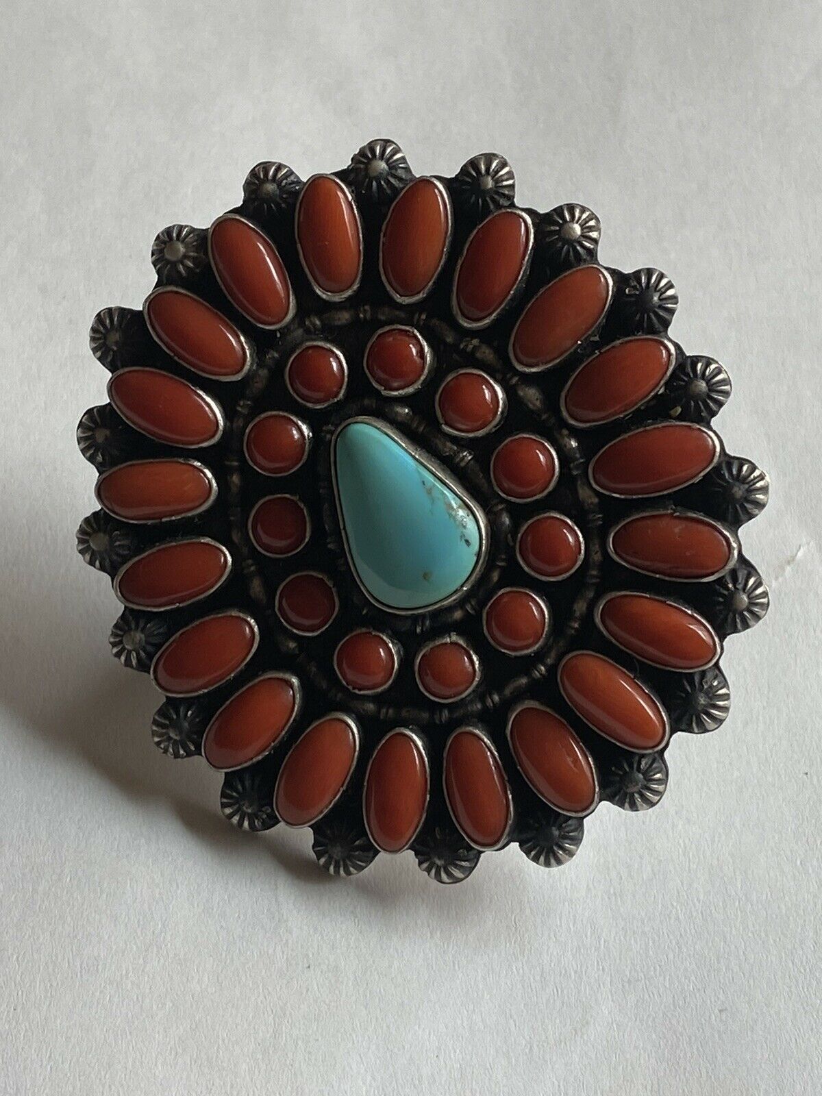 Shawn Cayatenito Sterling Silver Turquoise & Coral Statement Ring Size 8 Signed