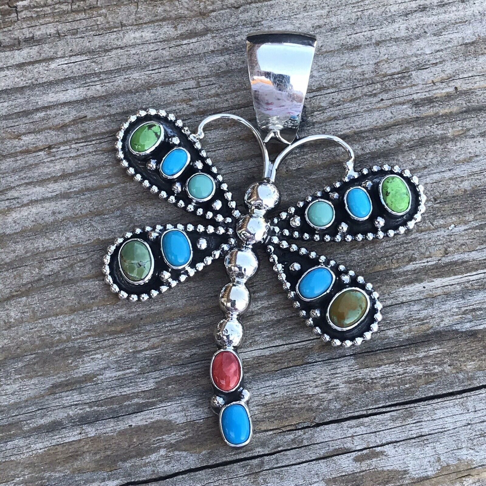 Beautiful Navajo Sterling Silver Multi Stone Dragonfly Pendant Paul Livingston