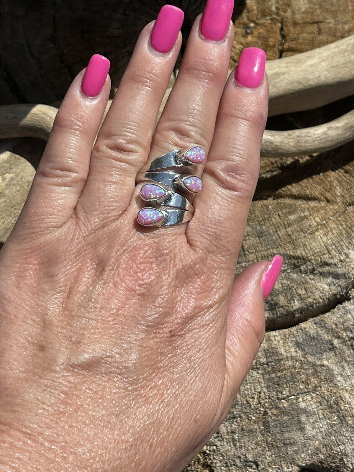Handcrafted Sterling Silver Pink/ Purple Opal Adjustable 4 Stone Ring