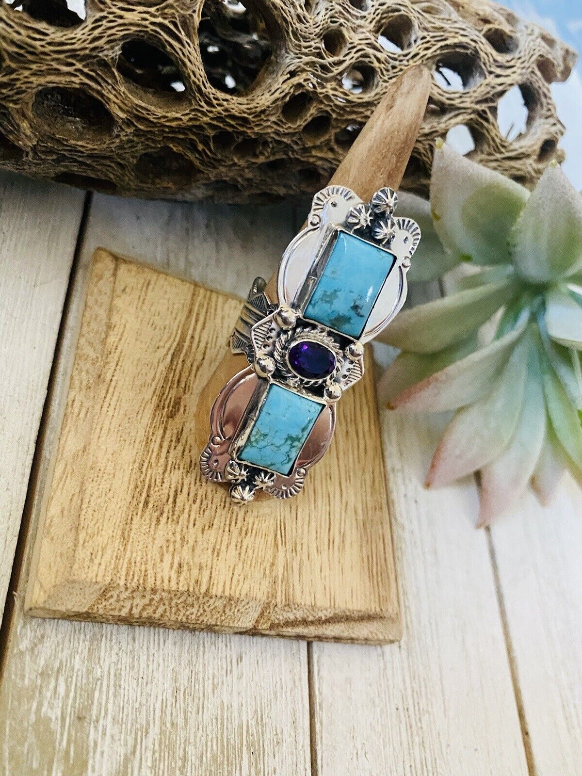 Handcrafted Kingman Turquoise, Amethyst & Sterling Silver Ring