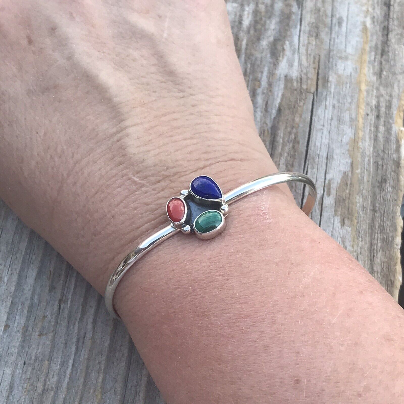 Handcrafted Multi Stone, Malachite Sterling Silver Bracelet Cuff Artist V. S