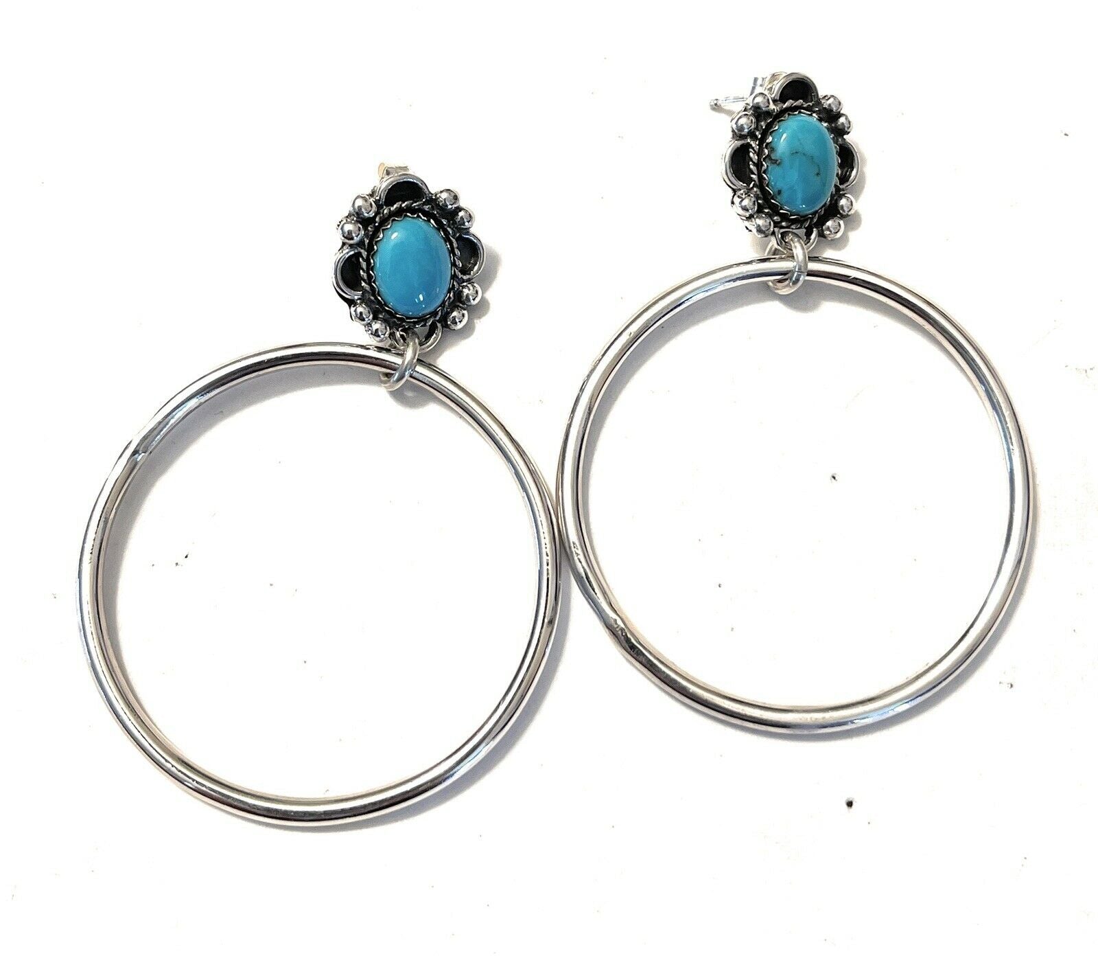 Handcrafted Turquoise & Sterling Silver Dangle Hoop Earrings