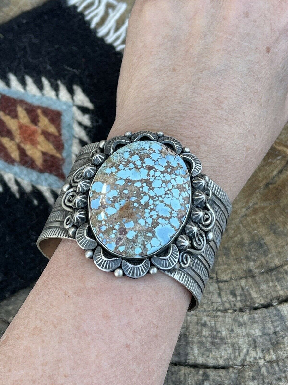 Handcrafted Sterling Silver & Number 8 Turquoise Signed Cuff Signed