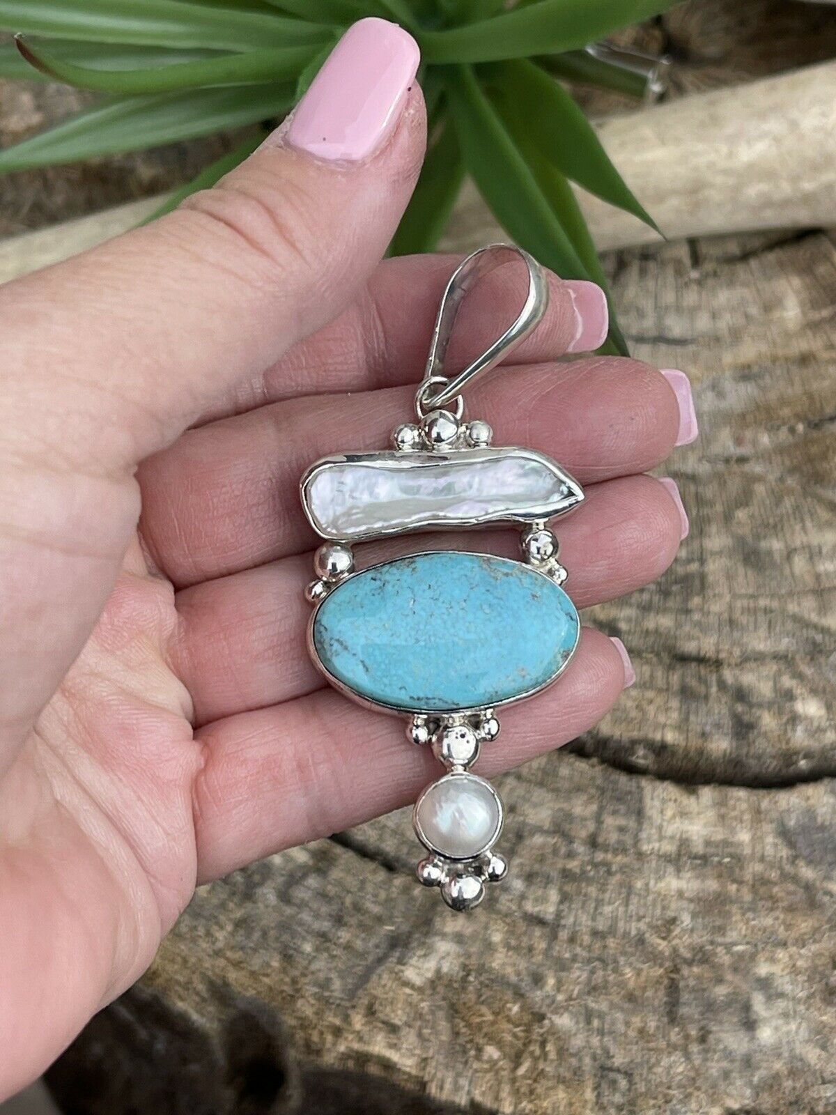 Handcrafted Turquoise & Mother Of Pearl Sterling Silver Pendant