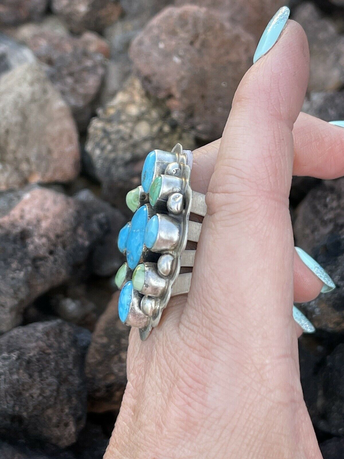Navajo Sterling Sonoran Gold And Golden Hills Turquoise Cluster Ring Size 8.5
