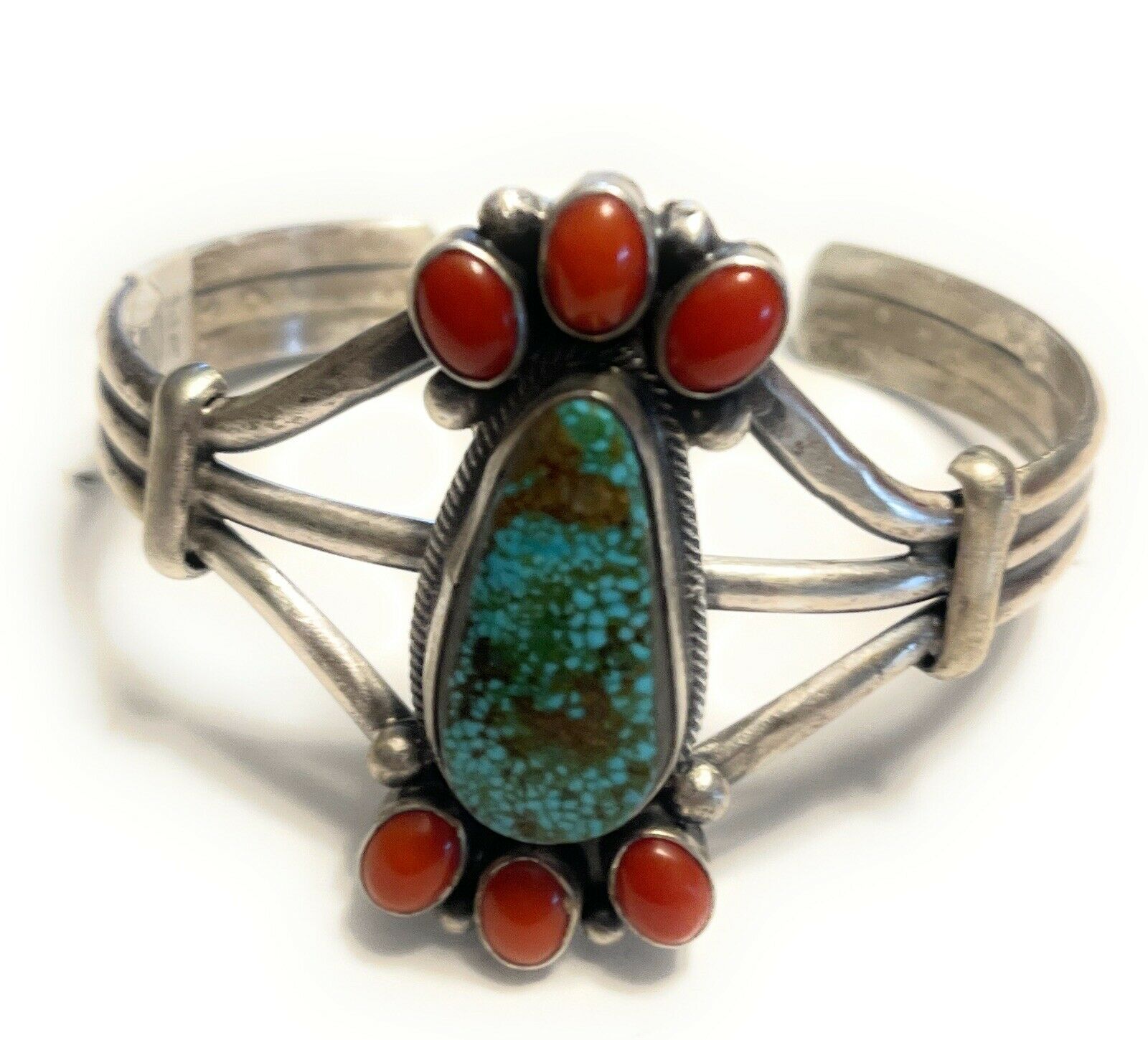 Handcrafted Sterling Silver Kingman Web Turquoise & Red Coral Taos Bracelet Cuff by Bobby Johnson /