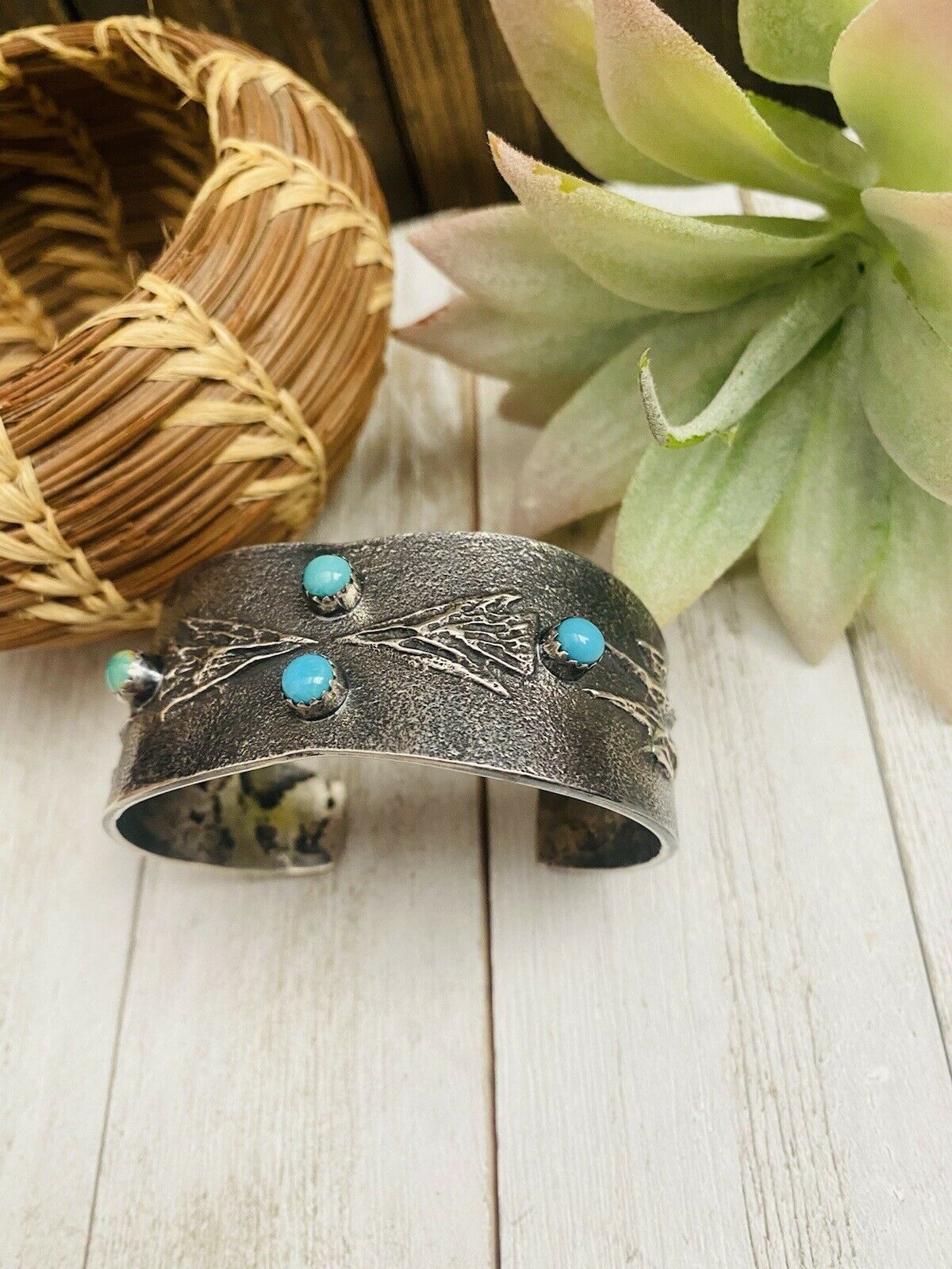 Handcrafted Old Pawn Vintage Turquoise & Sterling Silver Tufa Cast Cuff Bracelet /