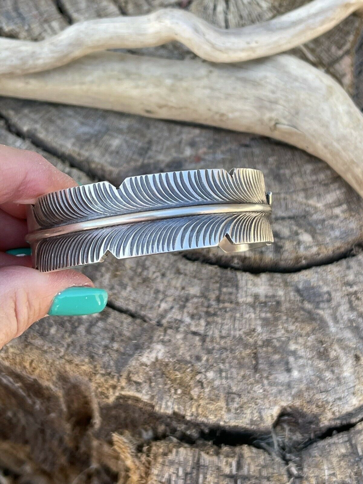 Handcrafted Sterling Silver Hand Stamped Feather Bracelet Cuff