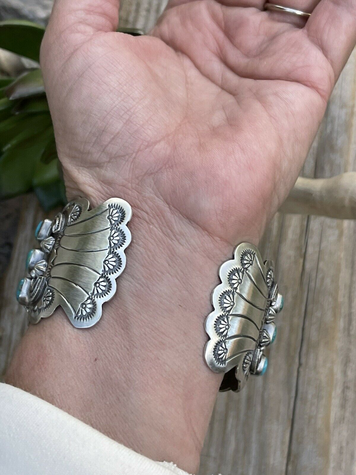 Stunning Turquoise Cluster & Sterling Silver Cuff Signed /