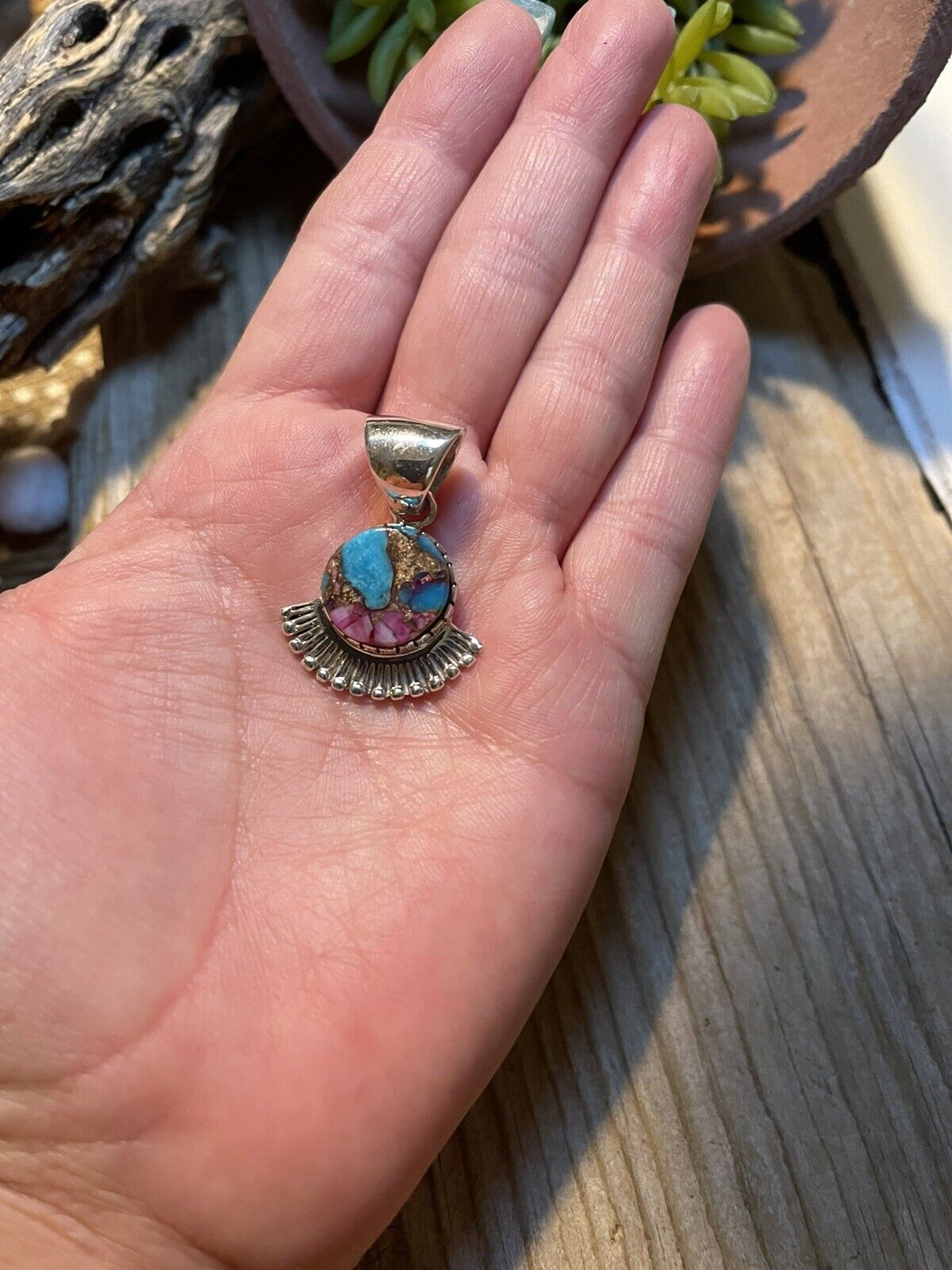 Handcrafted Pink Dream Mojave & Sterling Silver Fancy Fan Pendant