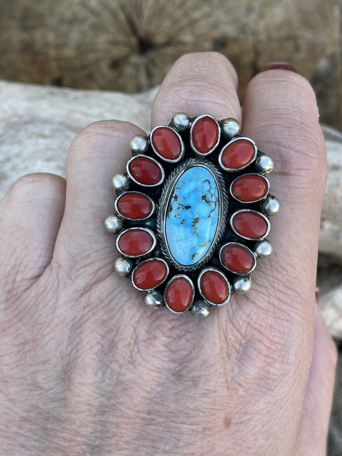 Handcrafted Sterling Silver Kingman Web Turquoise & Red Coral Taos Ring Sz 7.5