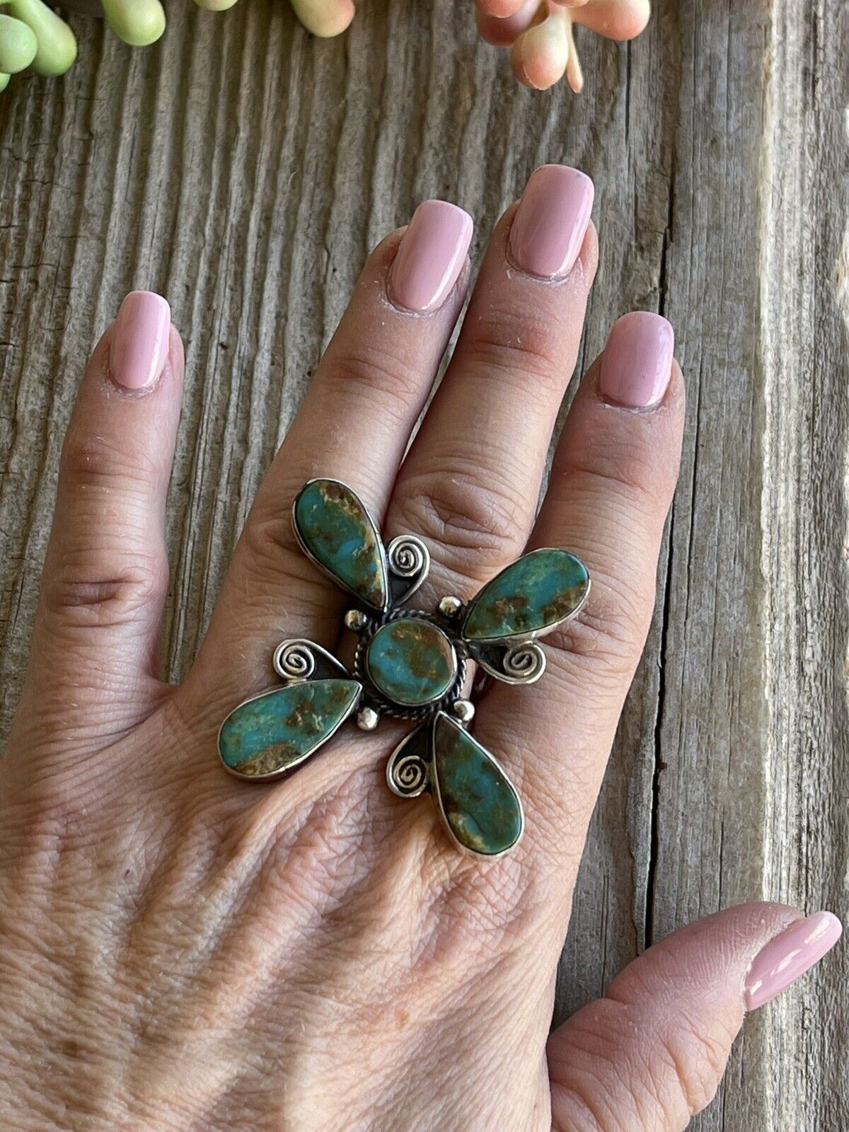 Sterling Silver & Royston Turquoise Scroll Petal Ring Size 8. Signed