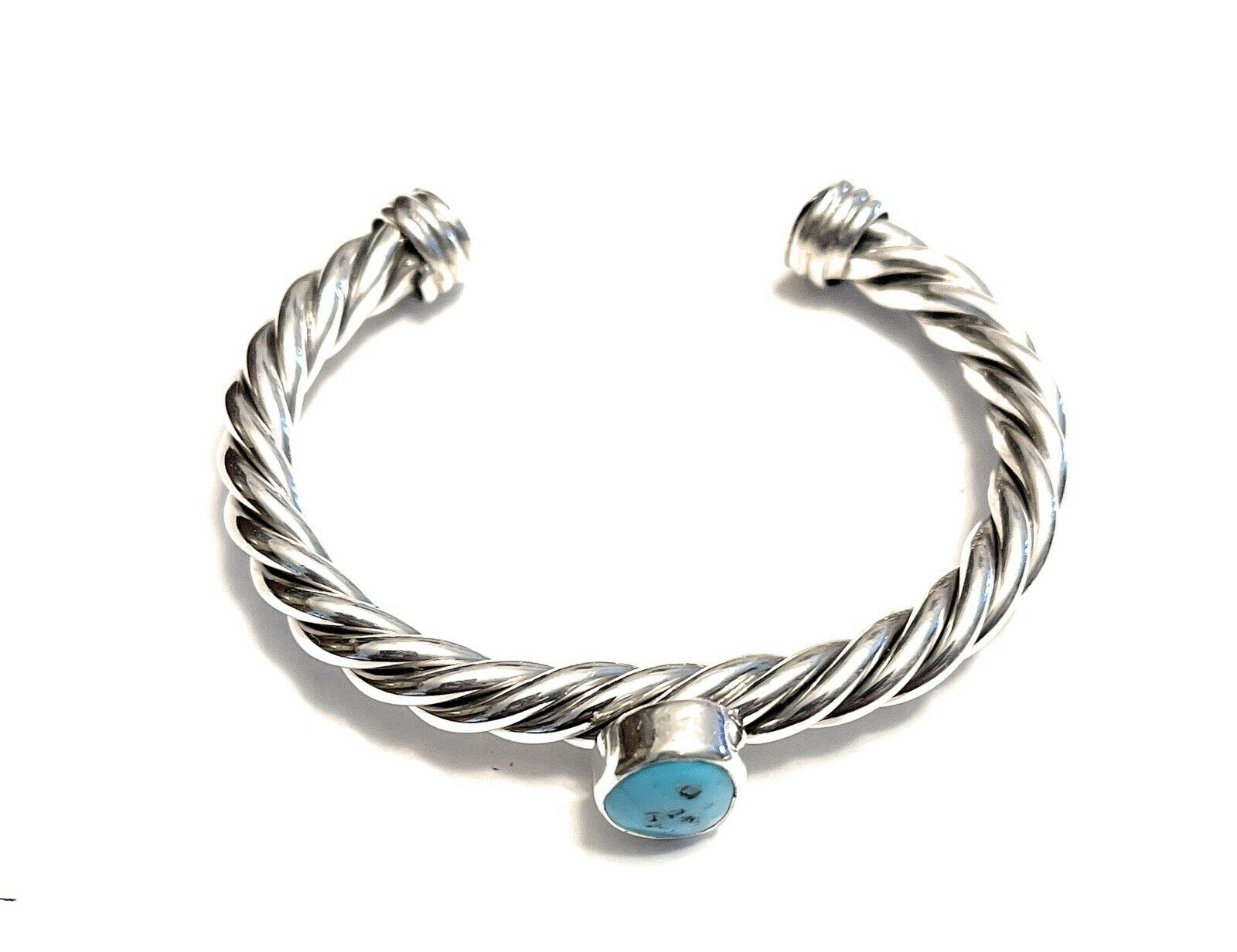 Handcrafted Sterling Silver Rope Twist Natural Turquoise Cuff Bracelet