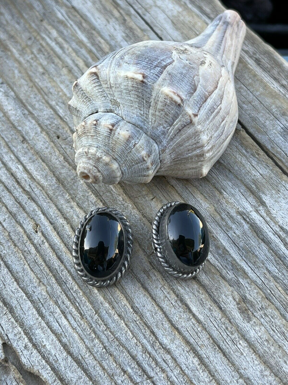 Handcrafted Vintage Sterling Silver Black Onyx Oval Clip On Earrings Signed