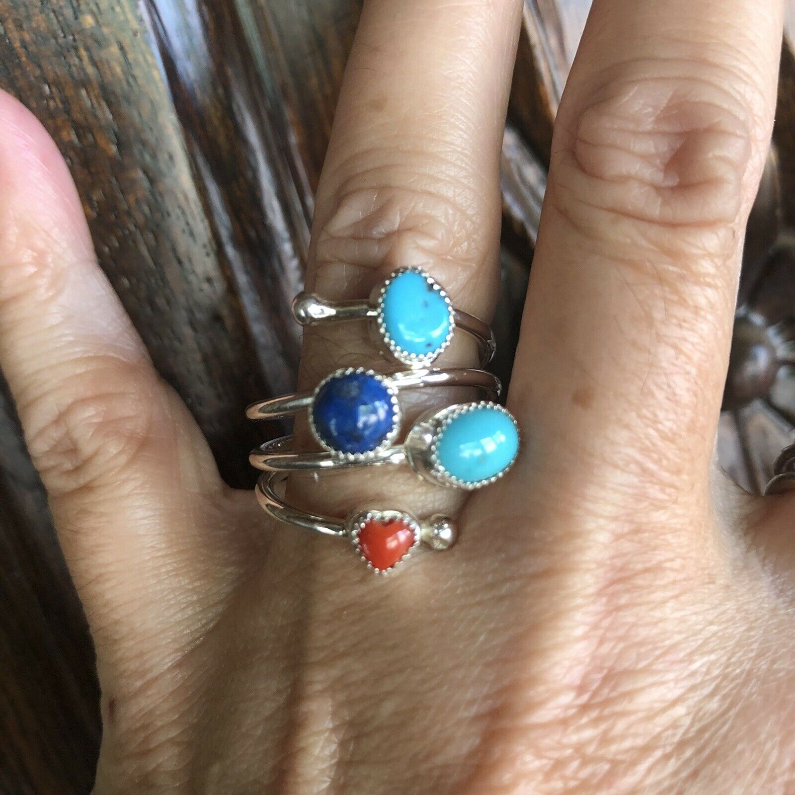 Handcrafted Turquoise, Lapis and Coral Sterling Silver ring