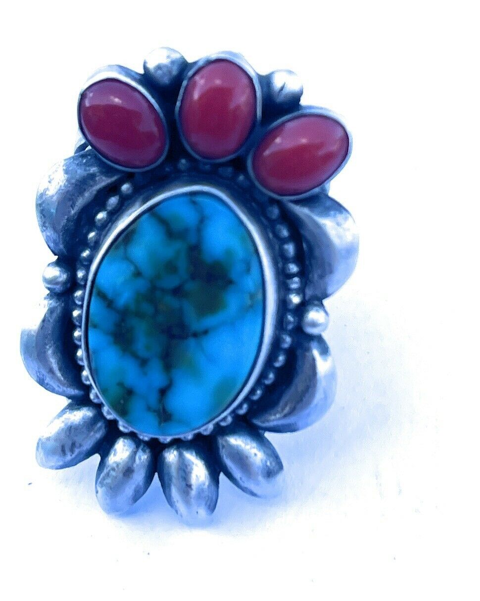 Handcrafted Sterling Silver Kingman Web Turquoise & Red Coral Taos Collection Ring Sz 6