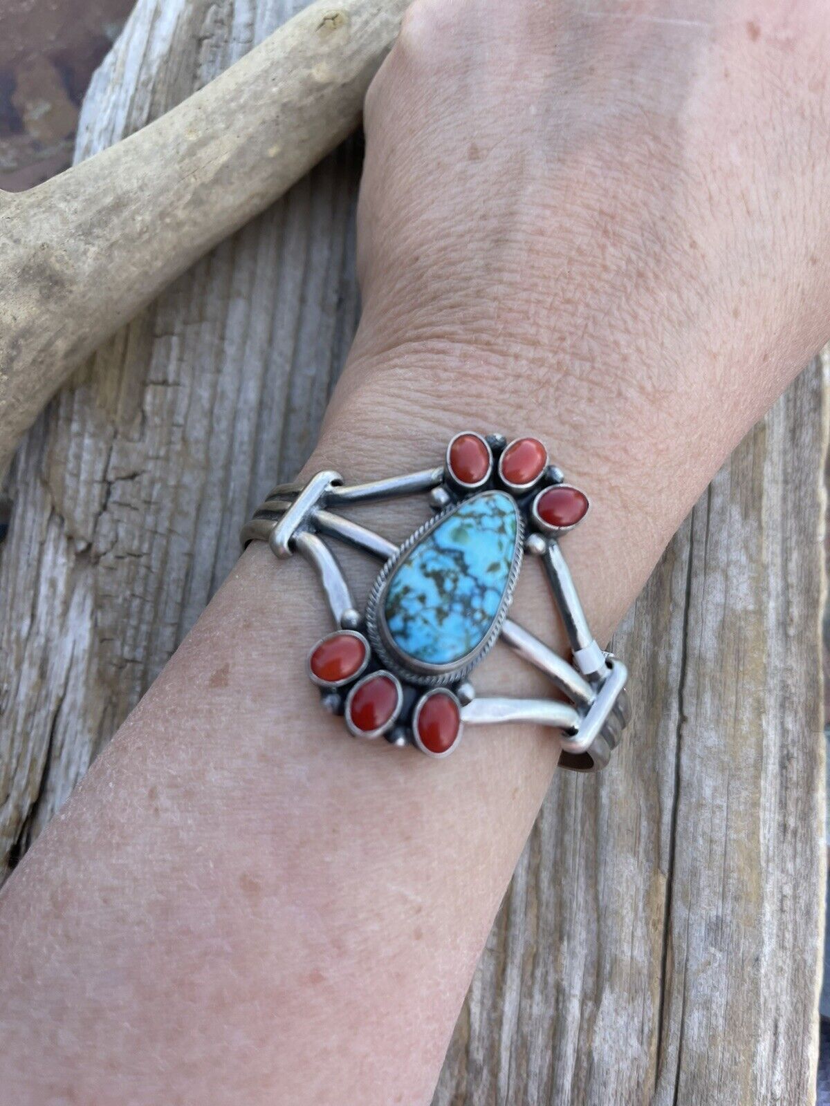 Navajo Sterling Kingman Web Turquoise & Red Coral Taos Bracelet Cuff by Bobby Johnson /